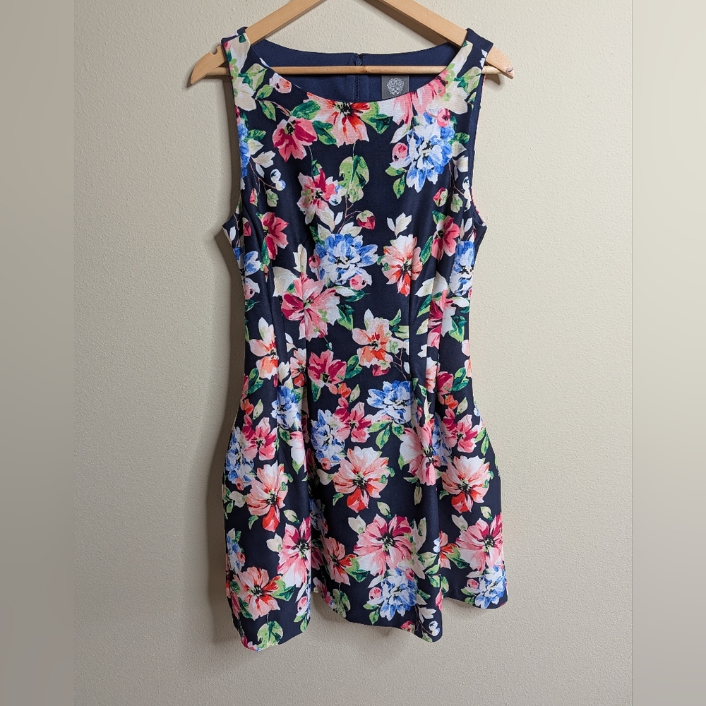 Vince Camuto Floral Fit and Flare Dress Navy Pink Blue Sleeveless Size 14